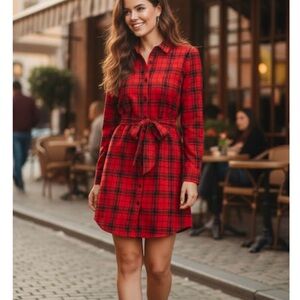 NWT - Abercrombie & Fitch Red & Black Plaid Shirt, Long Sleeve Dress sz XS